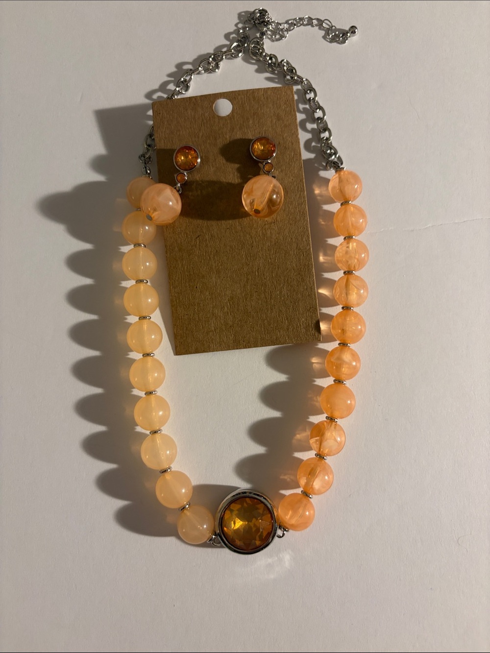 Peach Beaded Necklace and Earring Set with Amber Gem Accent